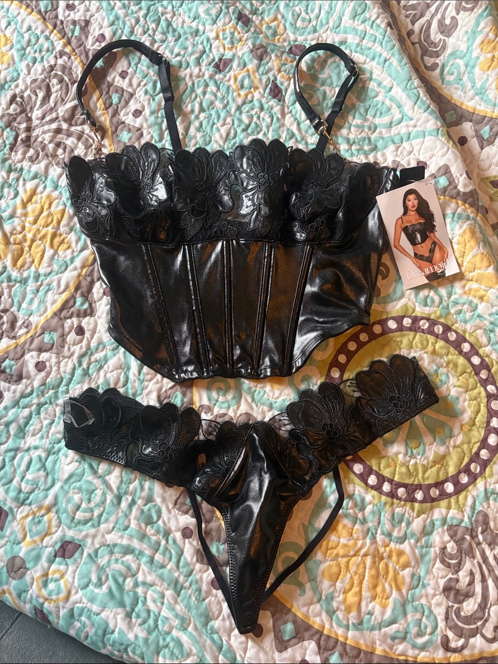 Dreamgirl Black Floral Lace Faux Leather Bustier & Thong Set